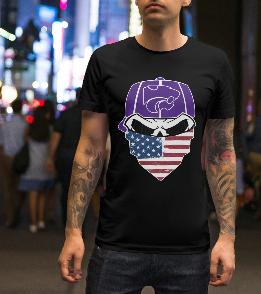 Kansas State Wildcats American Flag Skull Hat T-Shirt