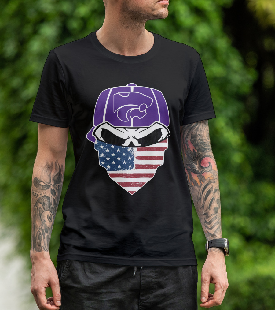 Kansas State Wildcats American Flag Skull Hat T-Shirt