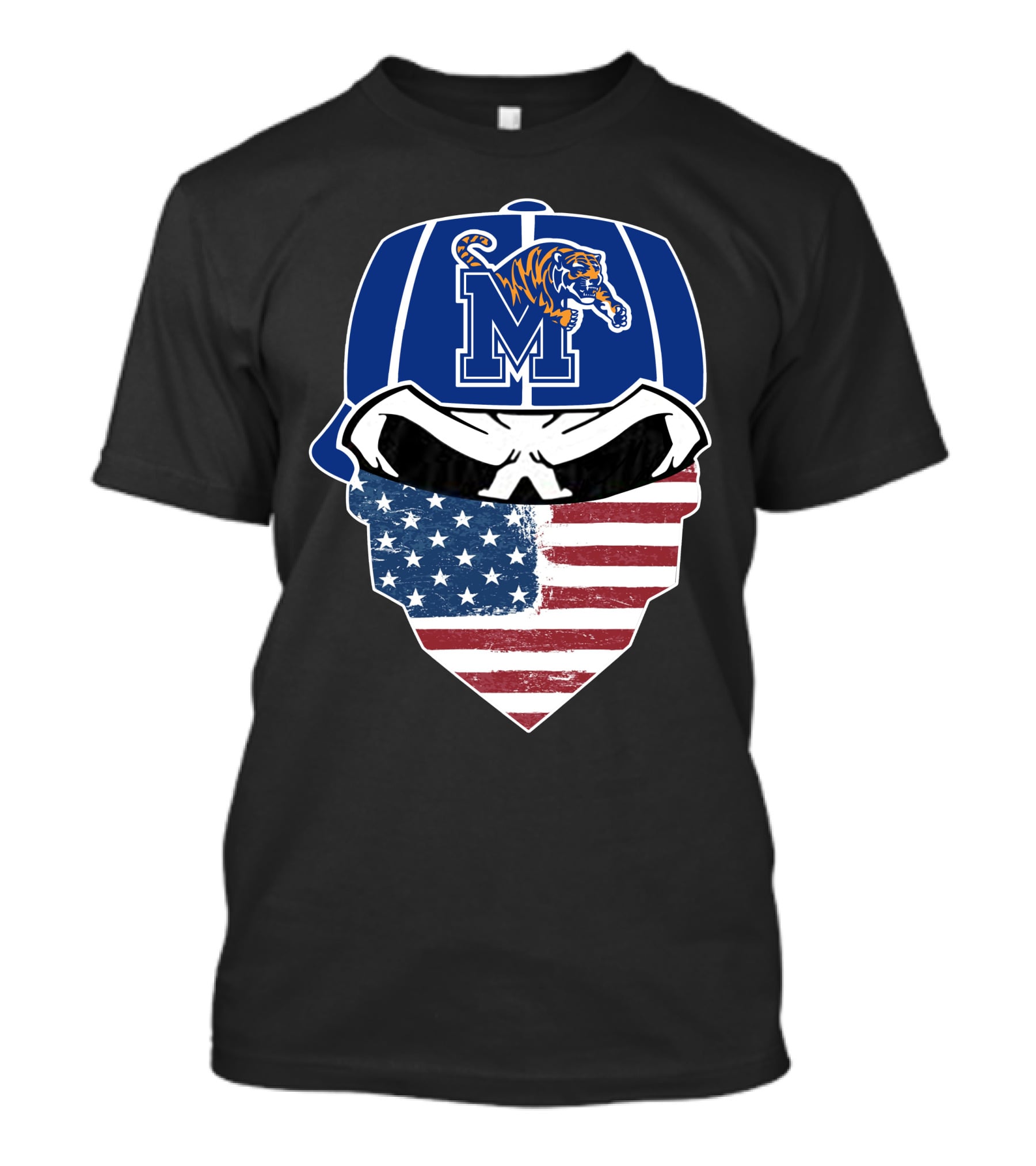 Memphis Tigers Skull Wearing American Flag Bandana With Logo Hat T-Shirt