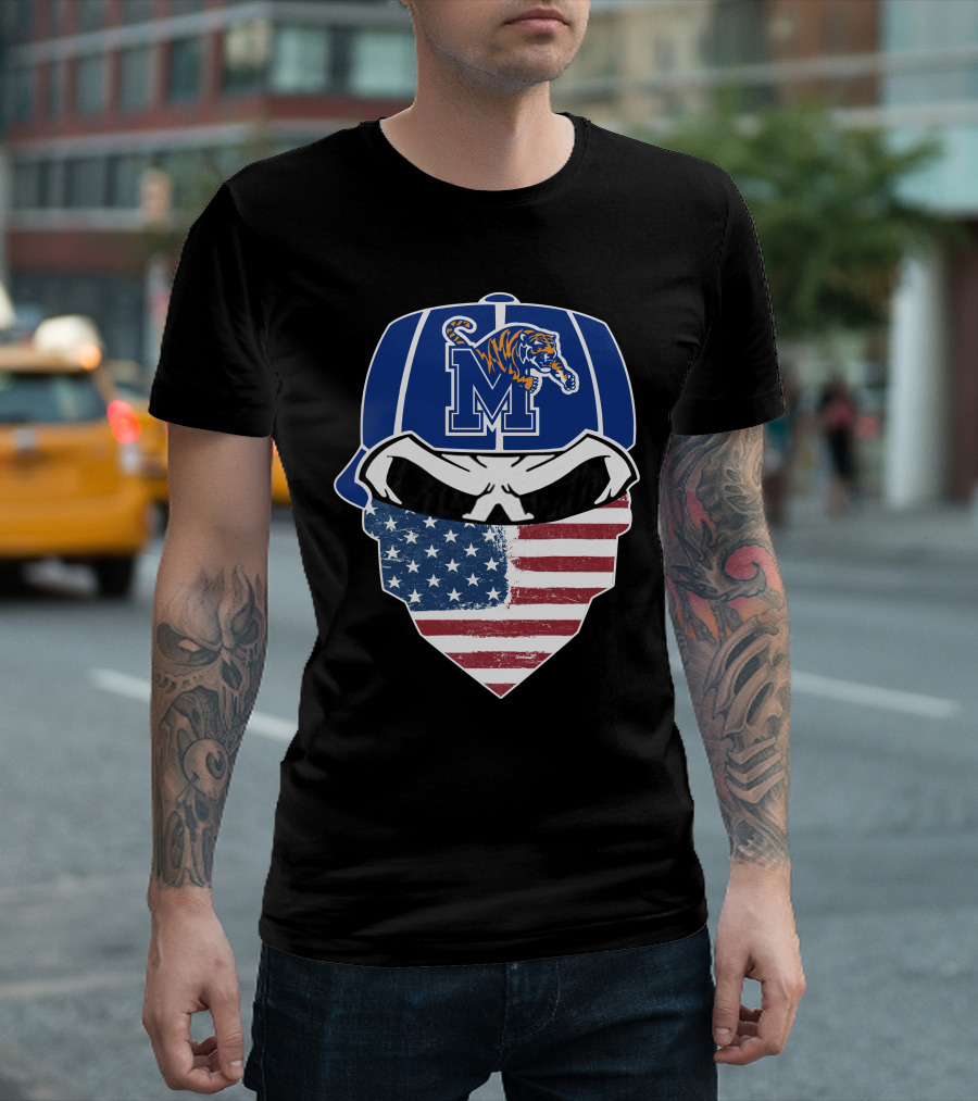 Memphis Tigers Skull Wearing American Flag Bandana with Logo Hat T-Shirt