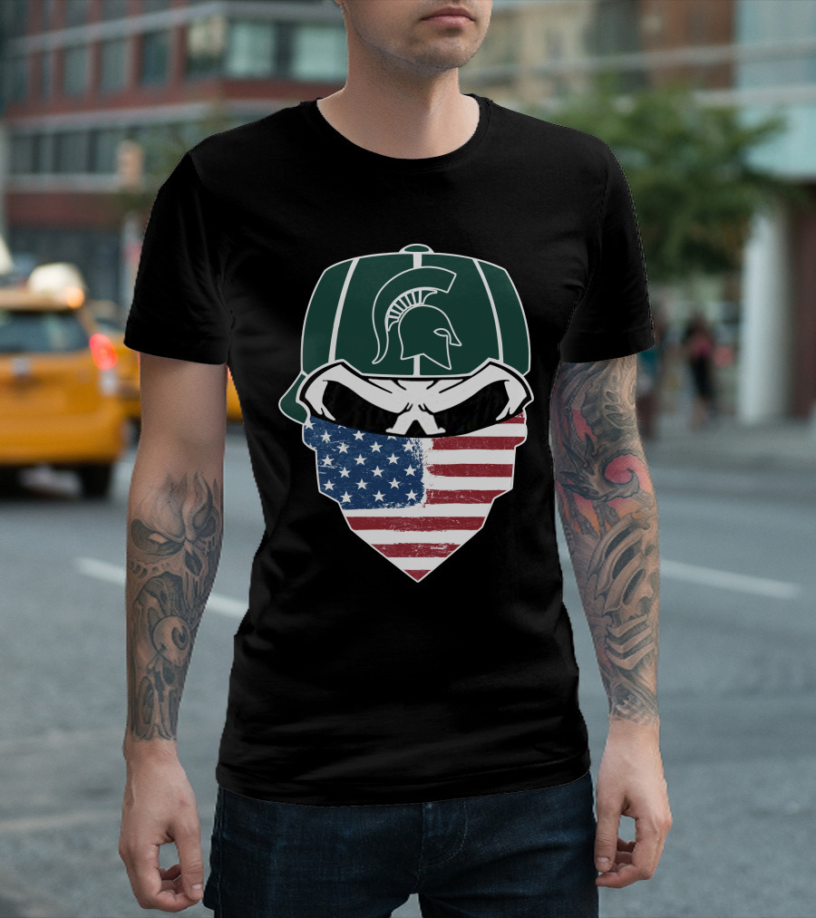 Michigan State Spartans Skulls Helmet with American Flag Bandana T-Shirt