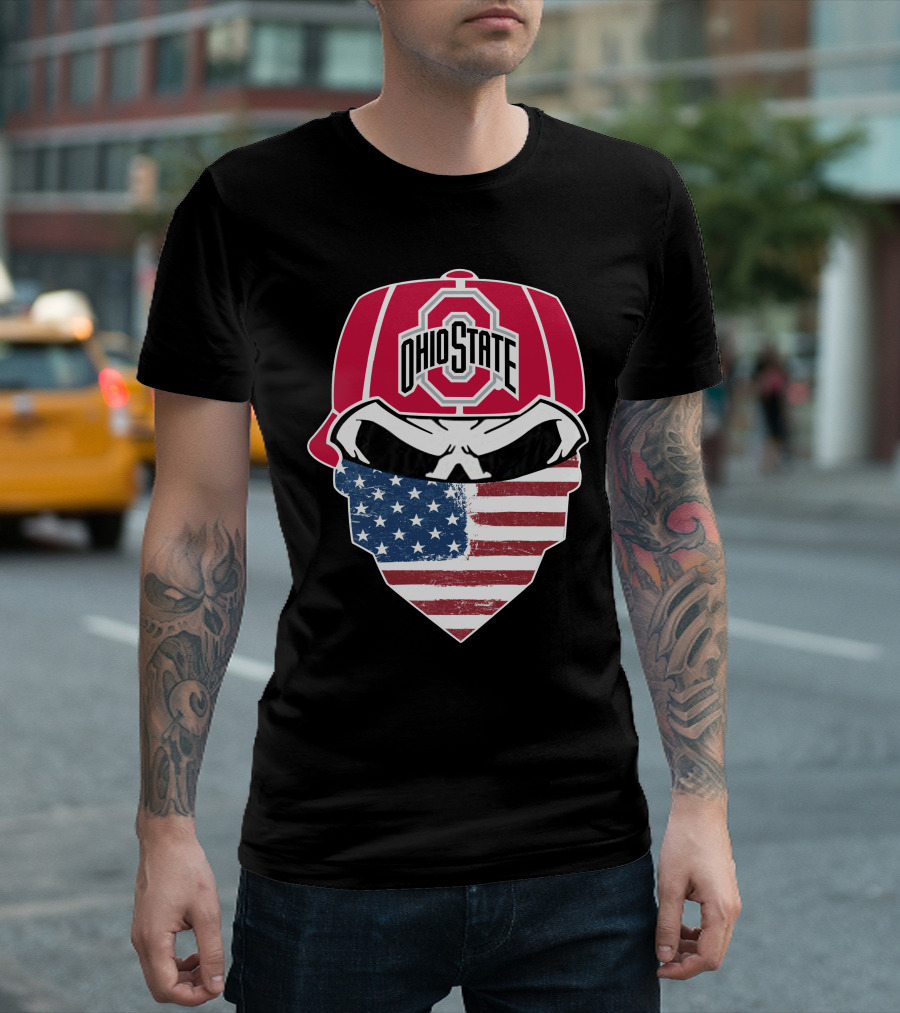 Ohio State Buckeyes Skull American Flag Bandana T-Shirt