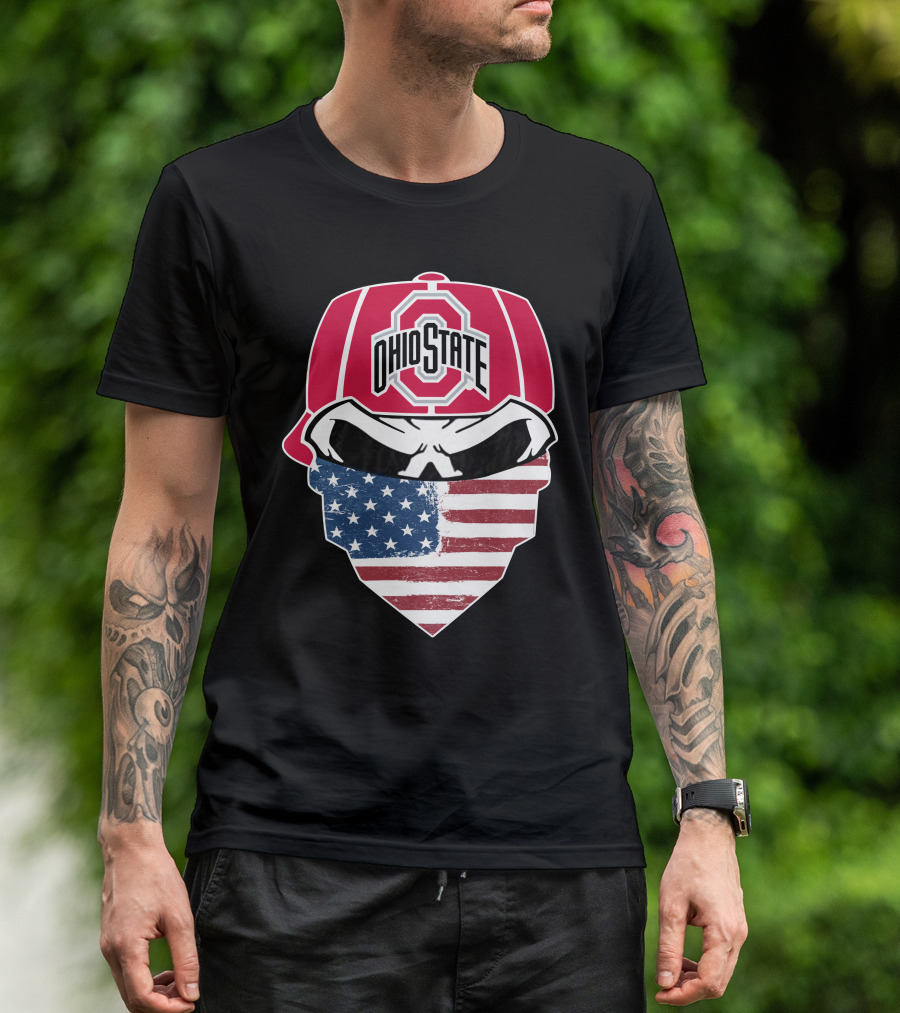 Ohio State Buckeyes Skull American Flag Bandana T-Shirt