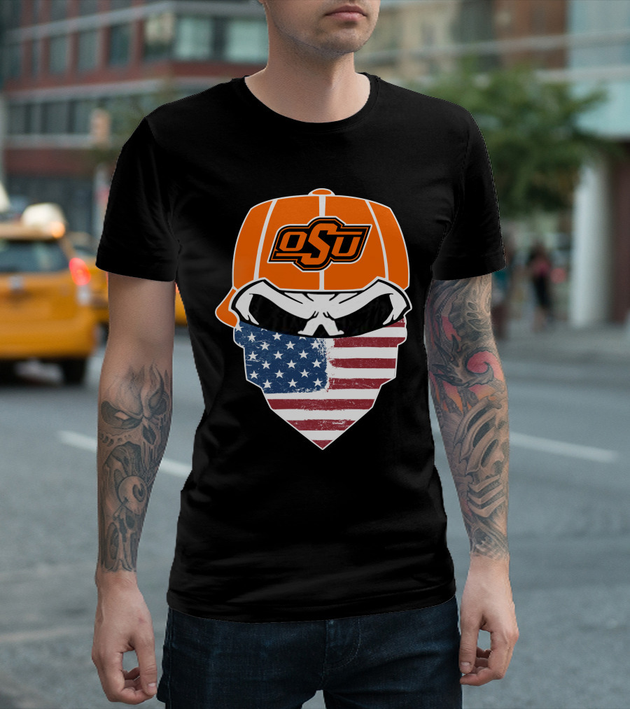 Oklahoma State OSU Skull American Flag Bandana T-Shirt