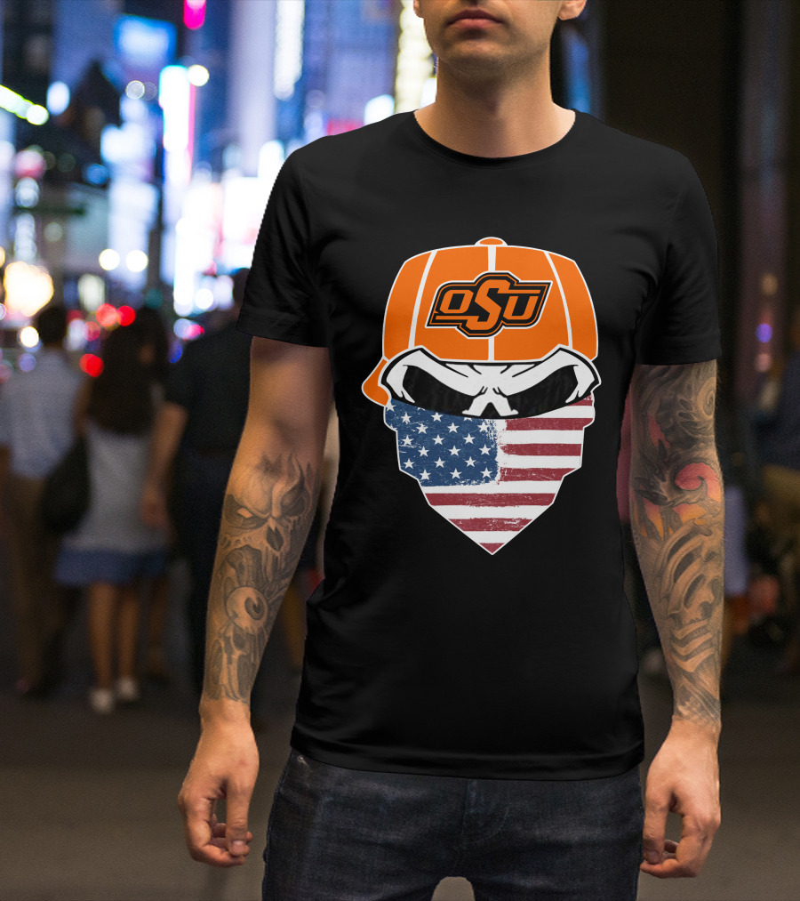 Oklahoma State OSU Skull American Flag Bandana T-Shirt