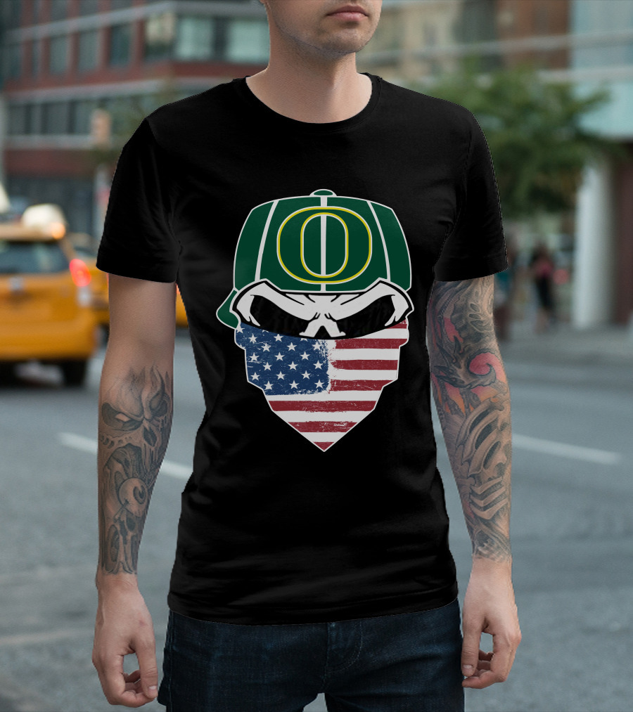 Oregon Ducks Skulls American Flag Mask T-Shirt