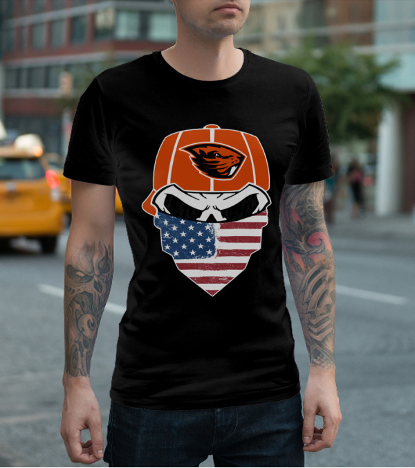 Oregon State Beavers Skull American Flag Bandana T-Shirt