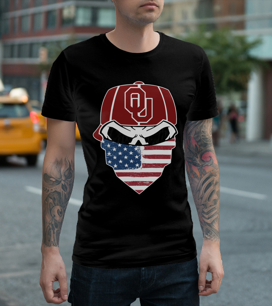SOONERS Skuls OU American Flag Bandana Skull T-Shirt