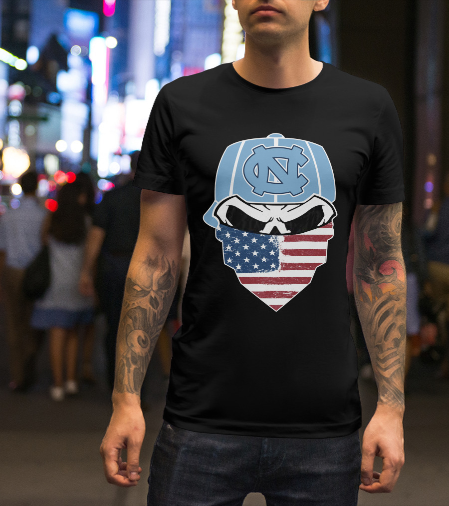 UNC Tar Heels Skull American Flag Bandana T-Shirt
