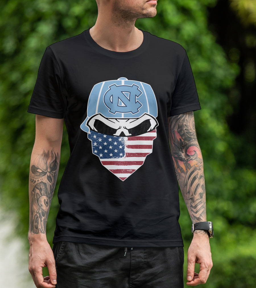 UNC Tar Heels Skull American Flag Bandana T-Shirt