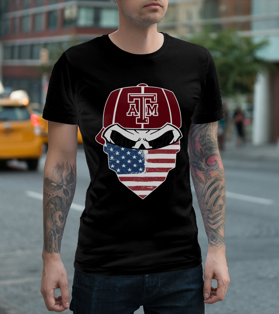 Texas A&M Aggies Skull with American Flag Bandana T-Shirt