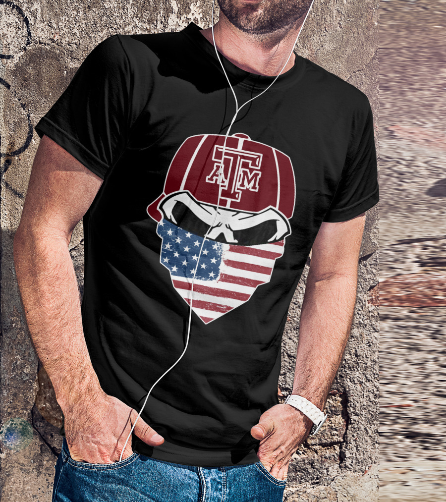 Texas A&M Aggies Skull With American Flag Bandana T-Shirt