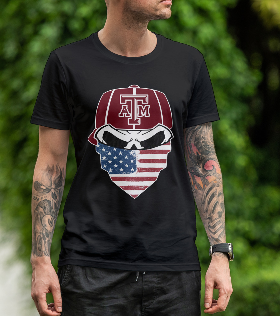 Texas A&M Aggies Skull With American Flag Bandana T-Shirt