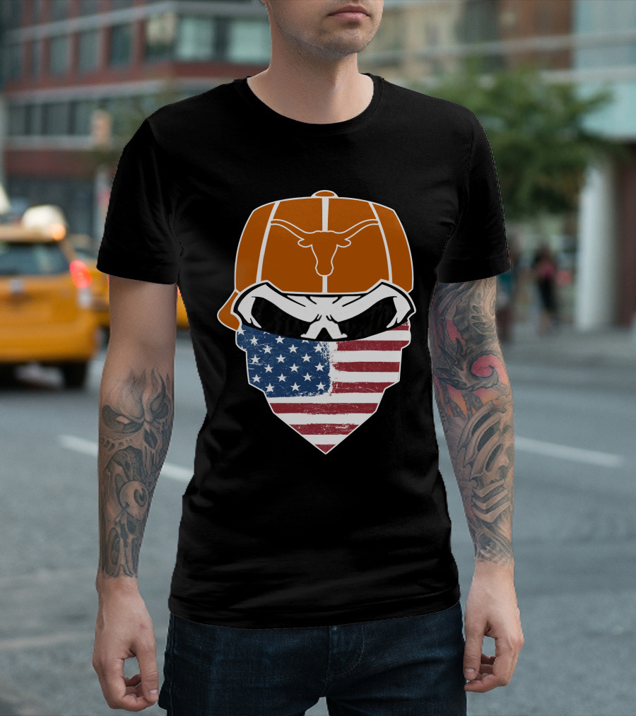 Texas Longhorns Skuls American Flag Bandana T-Shirt