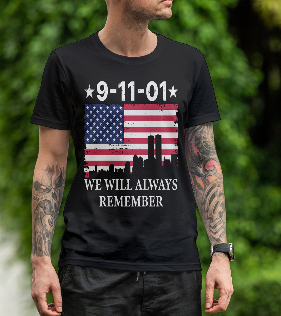 9-11-01 We Will Always Remember Twin Towers American Flag Skyline T-Shirt