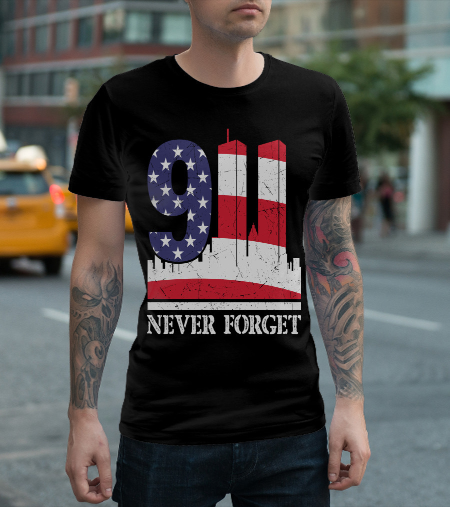 9 11 Never Forget Twin Towers American Flag T-Shirt