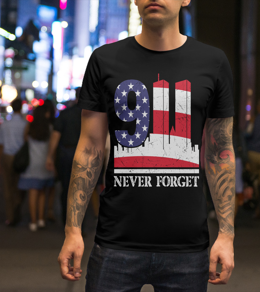 9 11 Never Forget Twin Towers American Flag T-Shirt