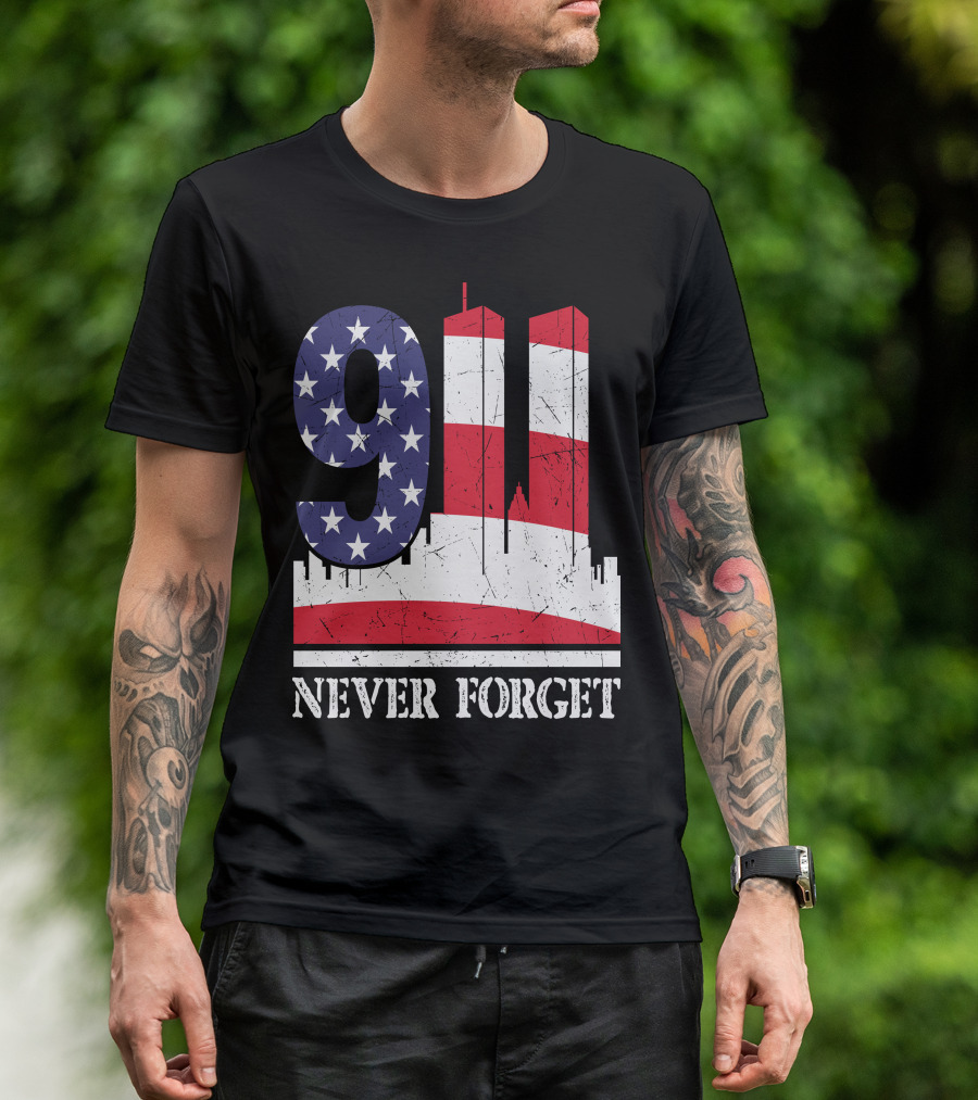 9 11 Never Forget Twin Towers American Flag T-Shirt