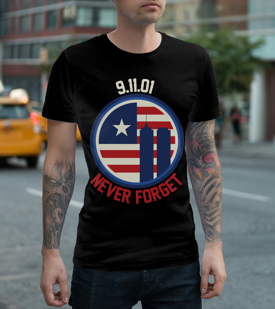 9.11.01 Never Forget Twin Towers American Flag Star T-Shirt