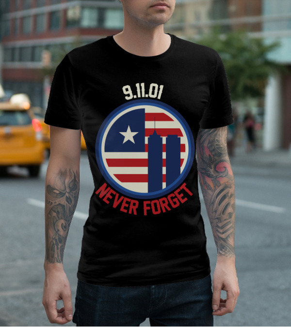 9.11.01 Never Forget Twin Towers American Flag Star T-Shirt