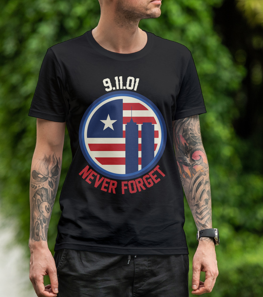 9.11.01 Never Forget Twin Towers American Flag Star T-Shirt