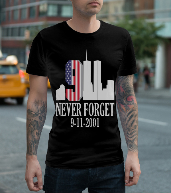 Never Forget 9-11-2001 American Flag Twin Towers Skyline T-Shirt