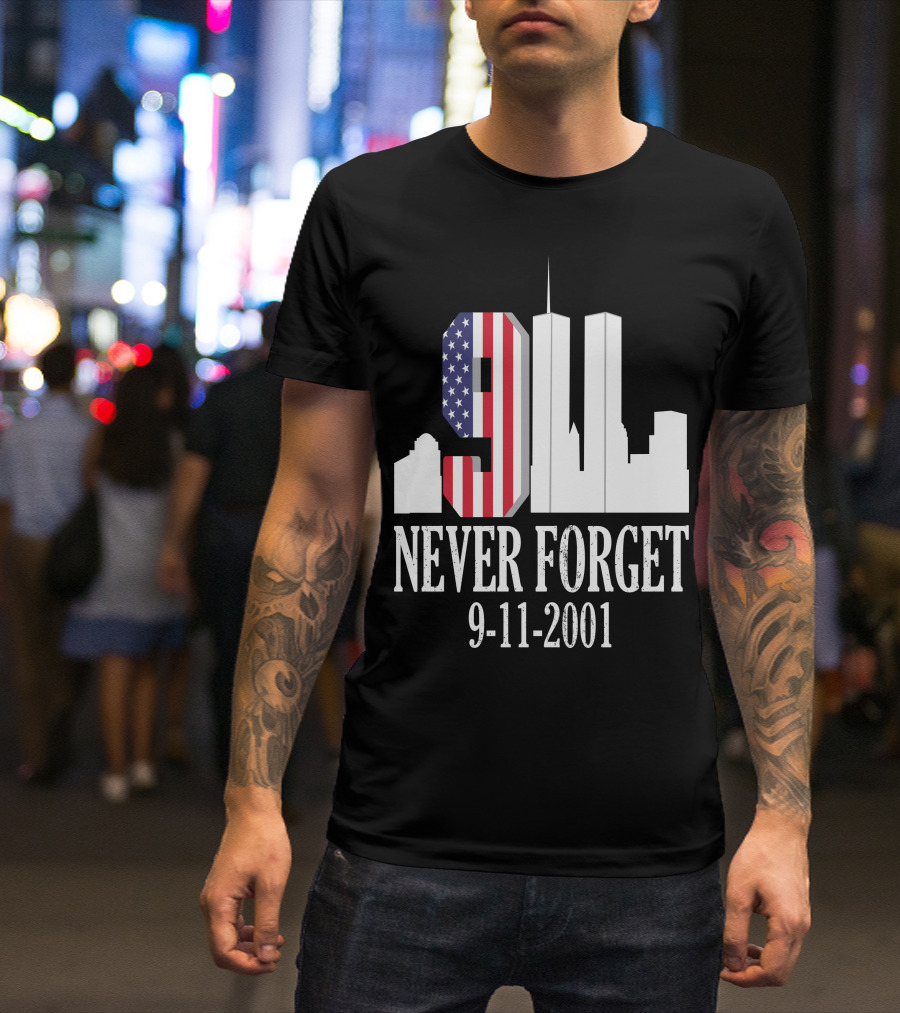 Never Forget 9-11-2001 American Flag Twin Towers Skyline T-Shirt