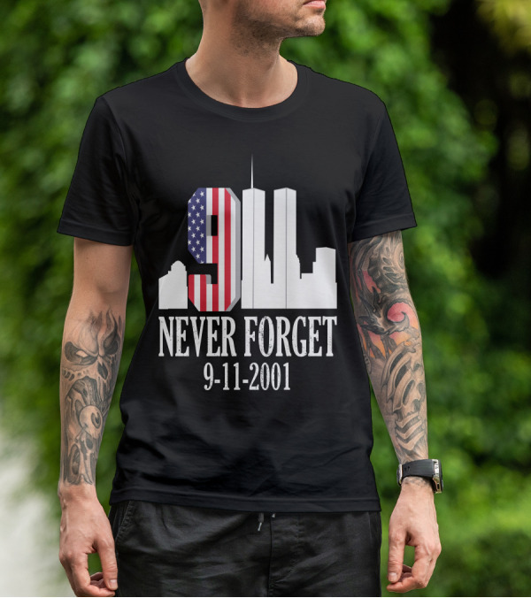 Never Forget 9-11-2001 American Flag Twin Towers Skyline T-Shirt