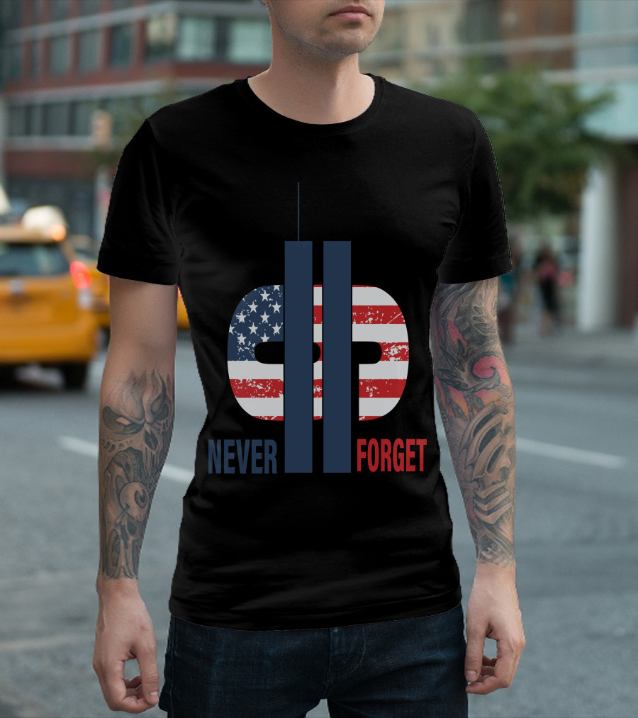 Never Forget 9.11 American Flag Tribute With Twin Towers Symbol T-Shirt