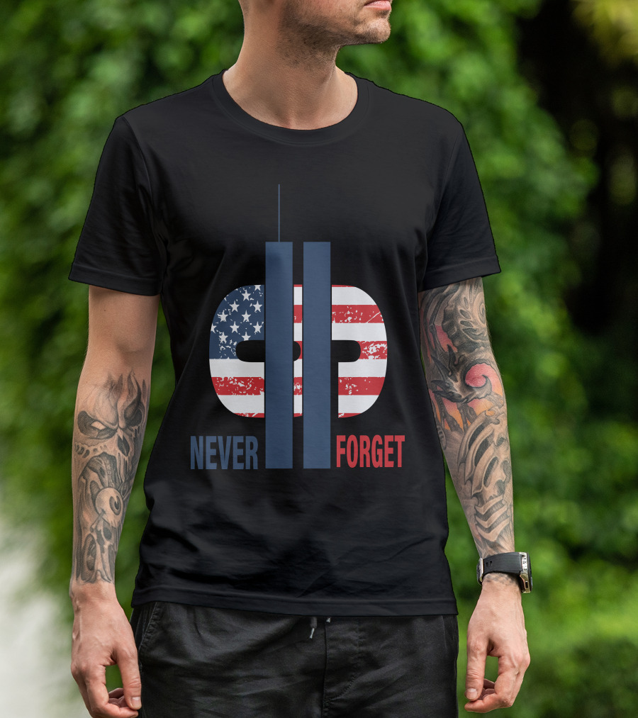 Never Forget 9.11 American Flag Tribute With Twin Towers Symbol T-Shirt