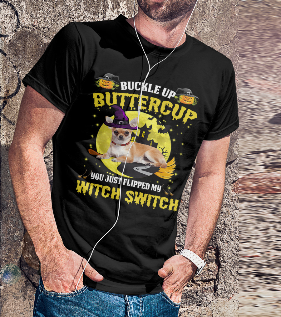 Buttercup Witch Switch Halloween Chihuahua Broomstick Moon Bats T-Shirt