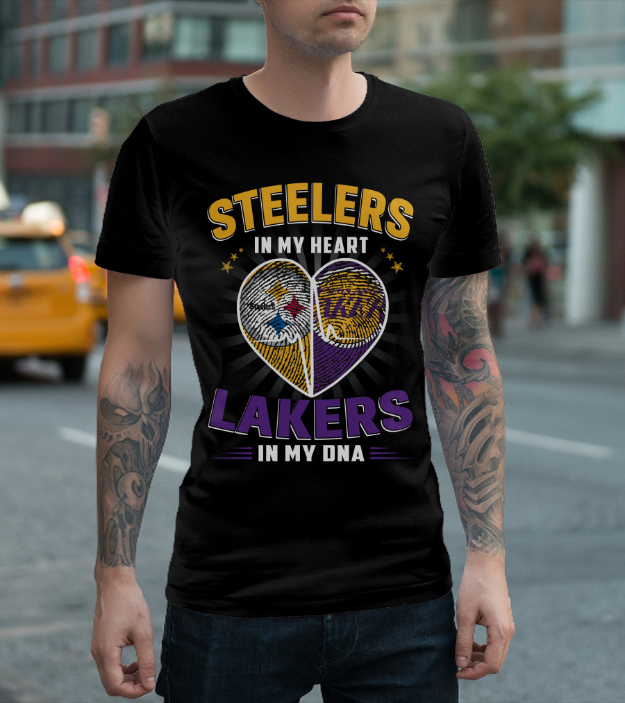 Steelers In My Heart Lakers In My Dna Fingerprint Heart T-Shirt