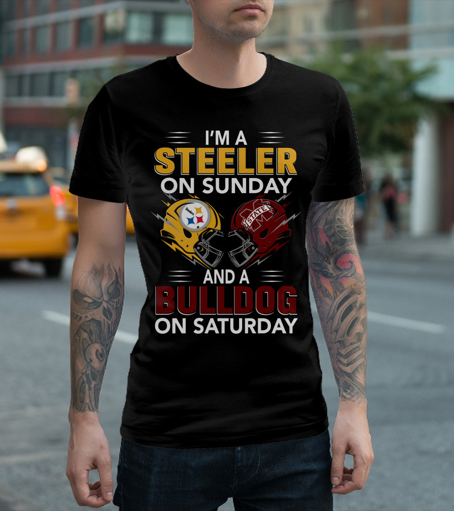 I'm A Steeler On Sunday And A Bulldog On Saturday Football Helmet Design With Team Logos T-Shirt
