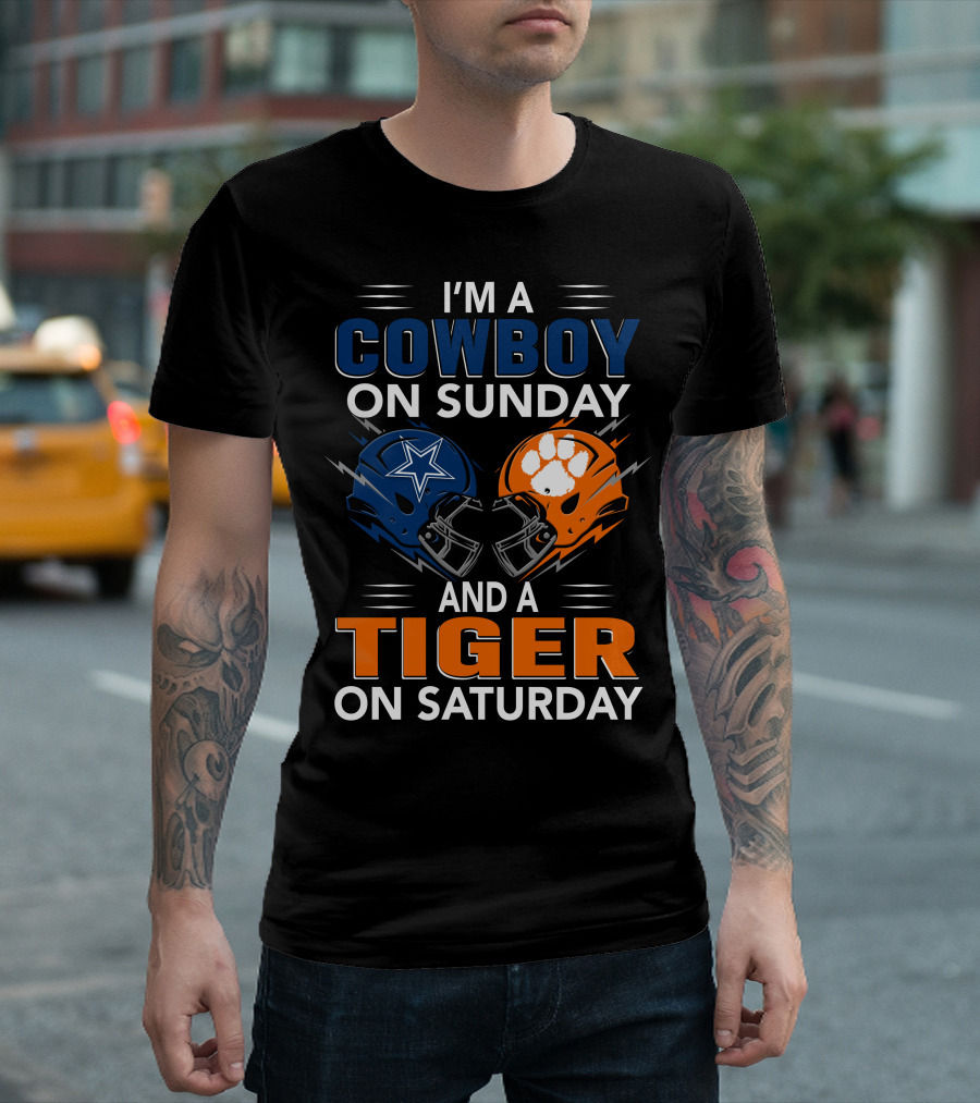 I'm A Cowboy On Sunday And A Tiger On Saturday Football Helmets Rivalry T-Shirt