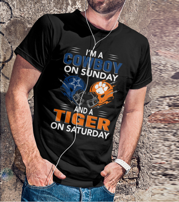 I'm A Cowboy On Sunday And A Tiger On Saturday Football Helmets Rivalry T-Shirt
