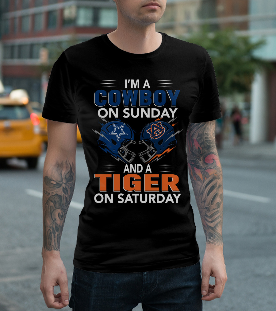 I'm A Cowboy On Sunday And A Tiger On Saturday Dallas Football Auburn Foam Helmets Fan Spirit T-Shirt