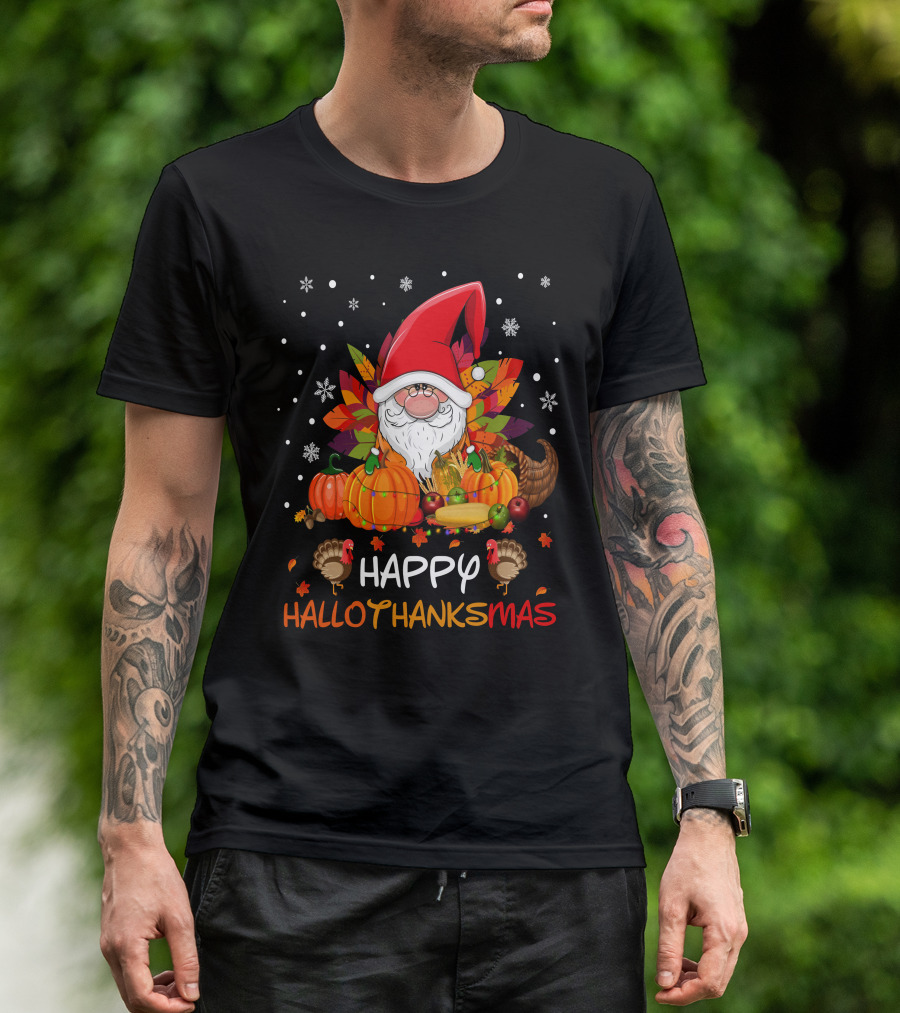 Happy HalloThanksMas Santa Hat Pumpkins Turkeys Cornucopia Snowflakes T-Shirt