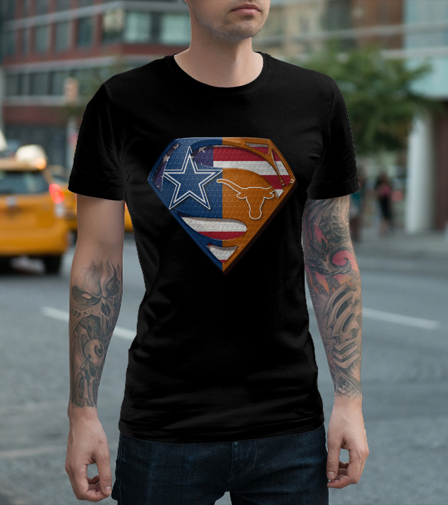Dallas Cowboys Texas Longhorns Star And Longhorn Superman Shield Flag T-Shirt