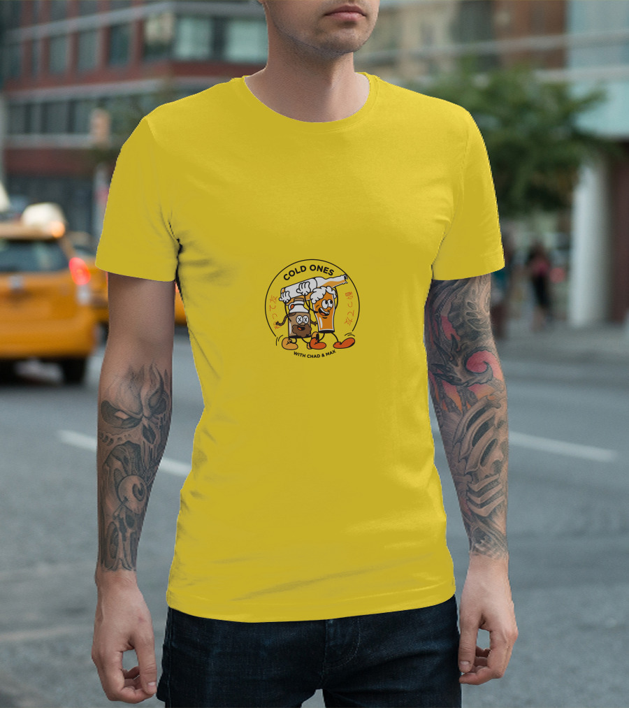 COLD ONES WITH CHAD And MAX CARTOON BEERS YELLOW BACKGROUND T-Shirt