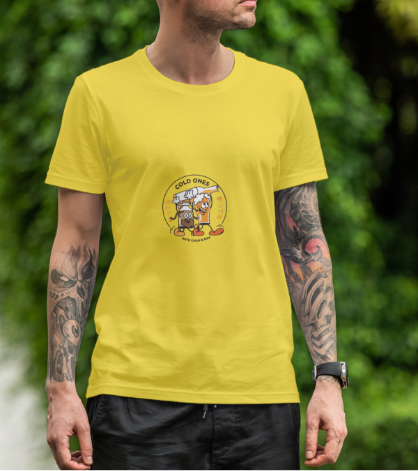 COLD ONES WITH CHAD And MAX CARTOON BEERS YELLOW BACKGROUND T-Shirt