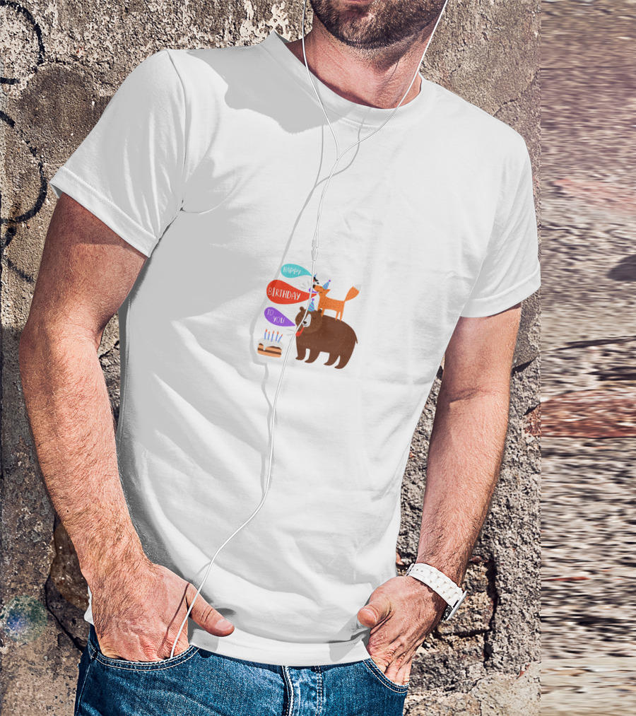 Happy Birthday Party Animal Bear And Fox With Cake T-Shirt