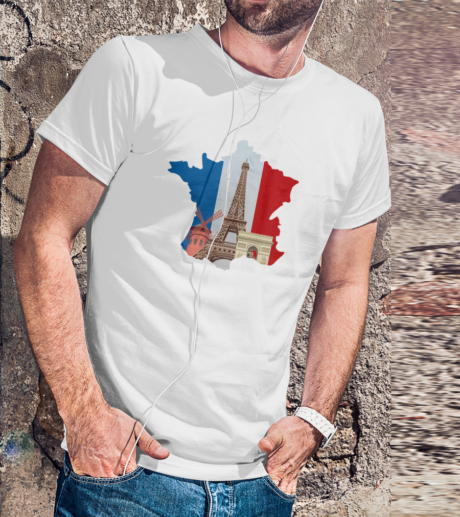 France Map With Eiffel Tower And Moulin Rouge On Tricolor Flag T-Shirt