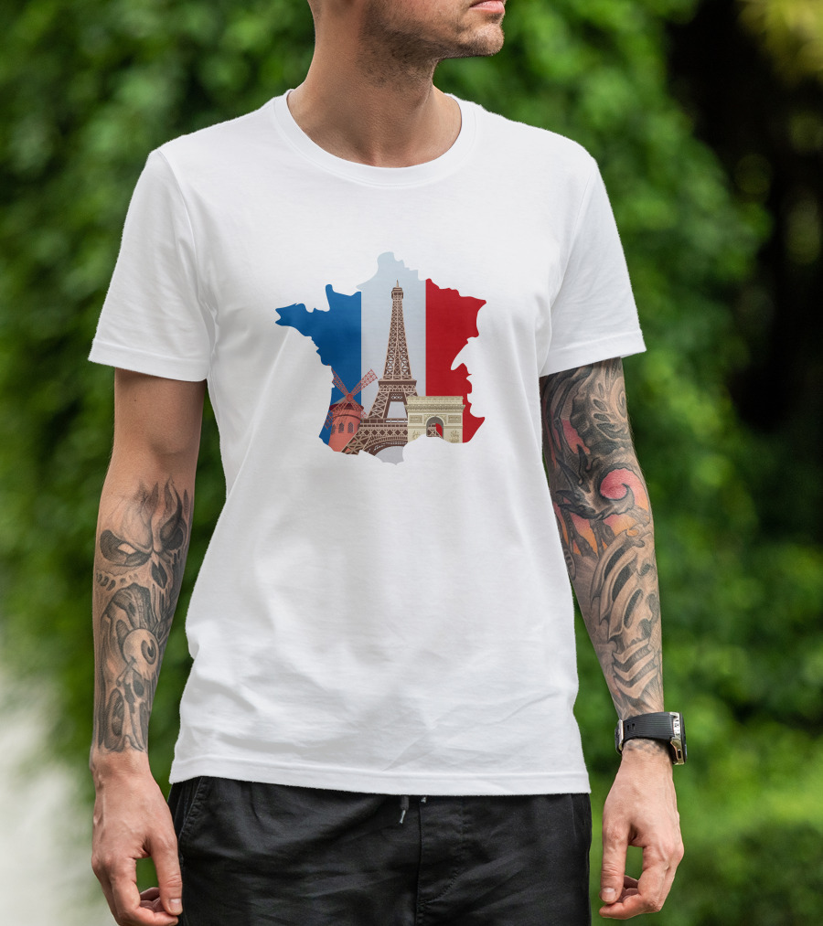 France Map With Eiffel Tower And Moulin Rouge On Tricolor Flag T-Shirt