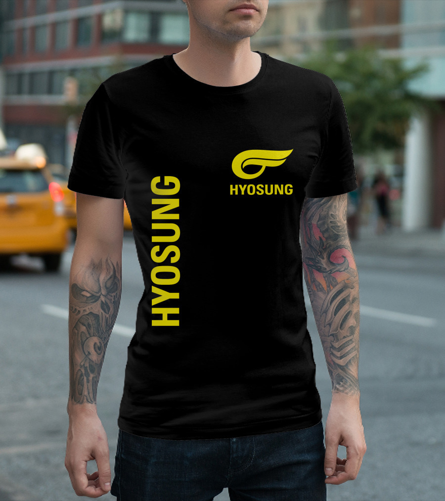 HYOSUNG Logo Stylized Yellow Text Brand T-Shirt