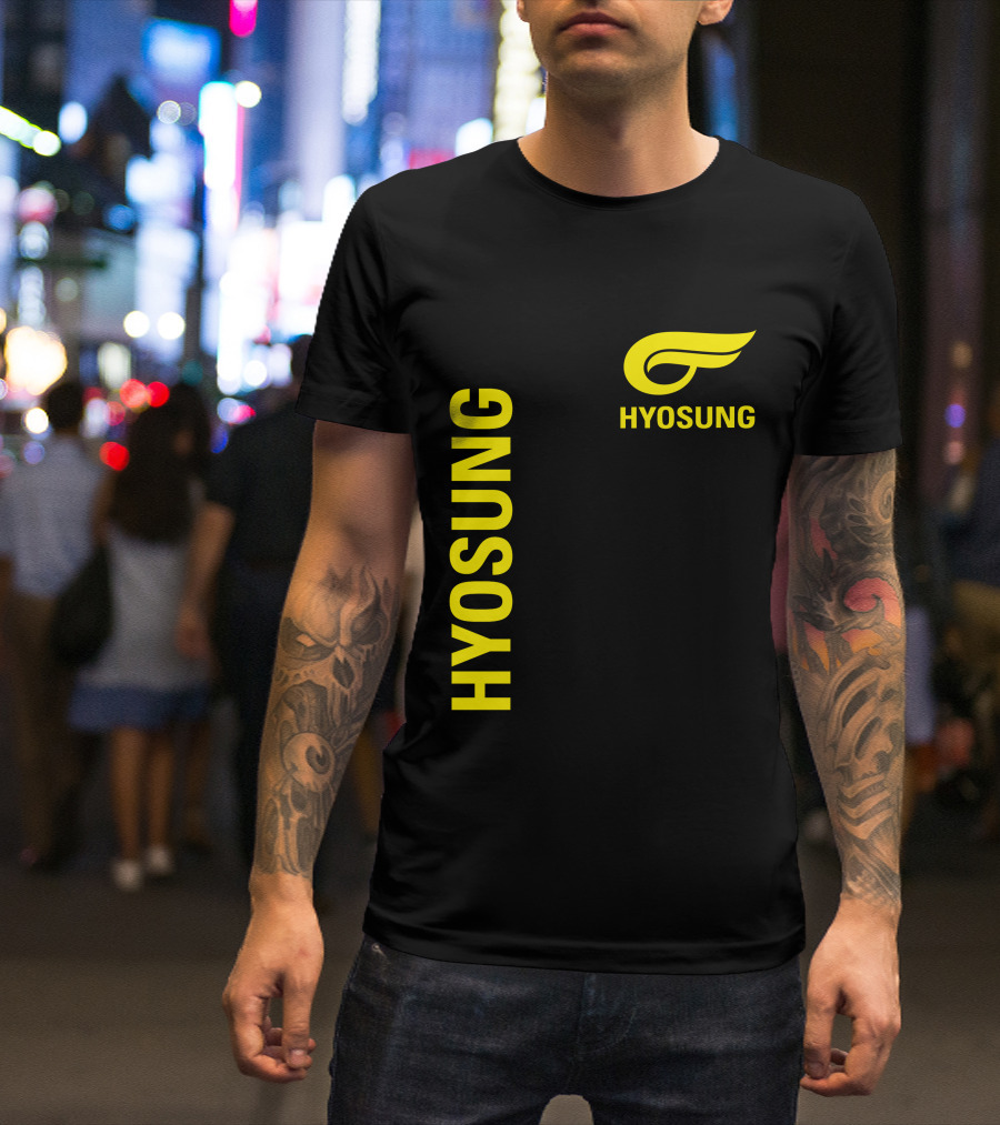 HYOSUNG Logo Stylized Yellow Text Brand T-Shirt