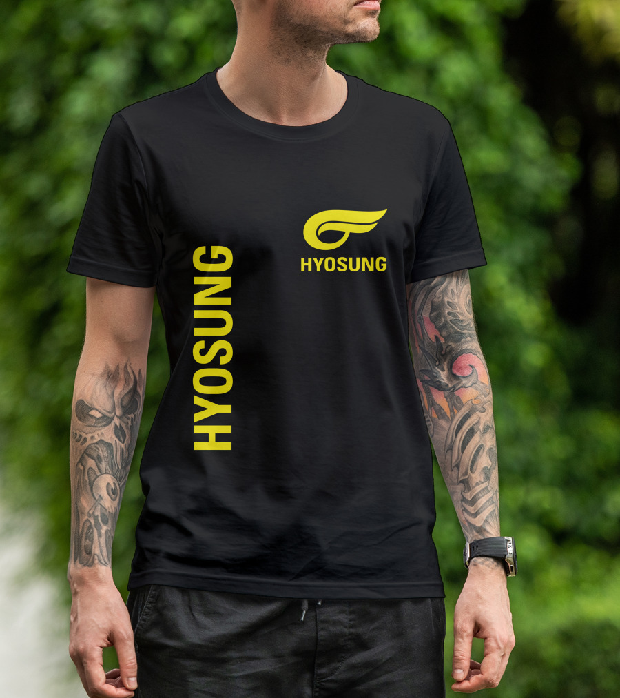 HYOSUNG Logo Stylized Yellow Text Brand T-Shirt