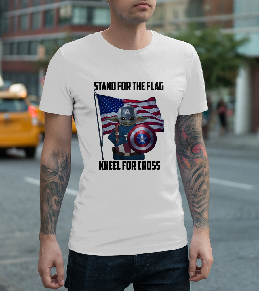 Stand for the Flag Kneel for Cross Grogu Captain America Shield American Flag T-Shirt