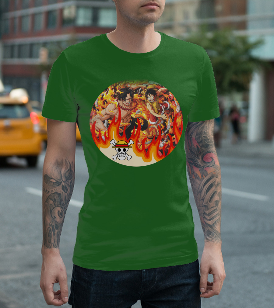 One Piece Luffy And Ace Fire Battle With Jolly Roger Hat T-Shirt