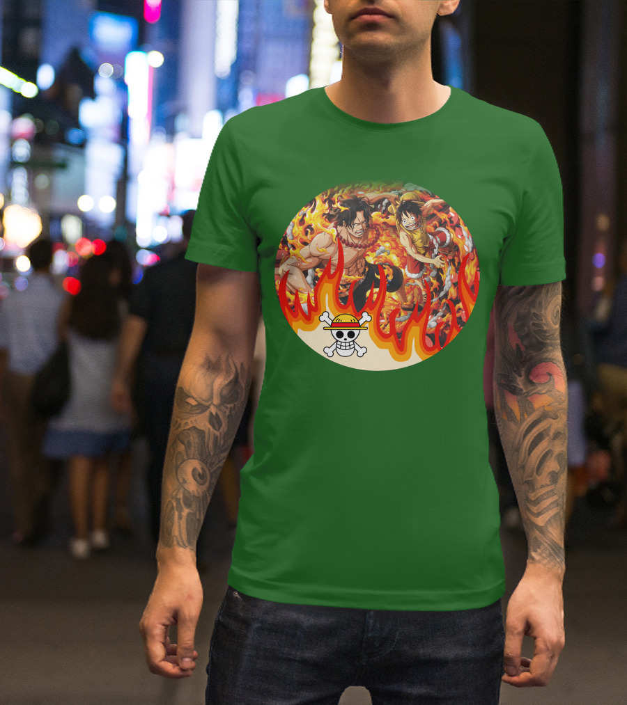 One Piece Luffy And Ace Fire Battle With Jolly Roger Hat T-Shirt