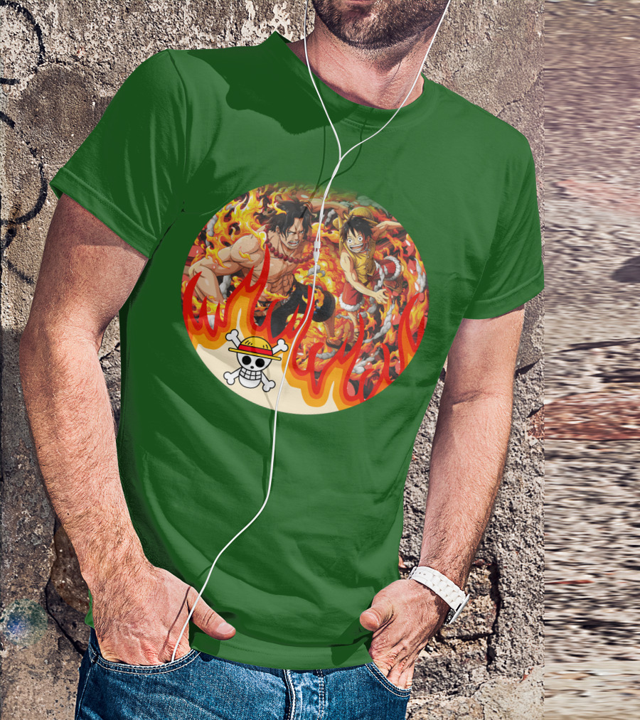 One Piece Luffy And Ace Fire Battle With Jolly Roger Hat T-Shirt